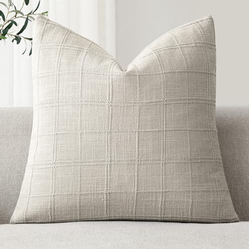 Image of Foindtower Set of 1 Decorative Linen Check Throw Pillow Cover Neutral Farmhouse Vintage Cushion Cover Modern Boho Accent Home Decor for Sofa Chair Couch Bedroom Living Room,18x18 Inch,Light Grey