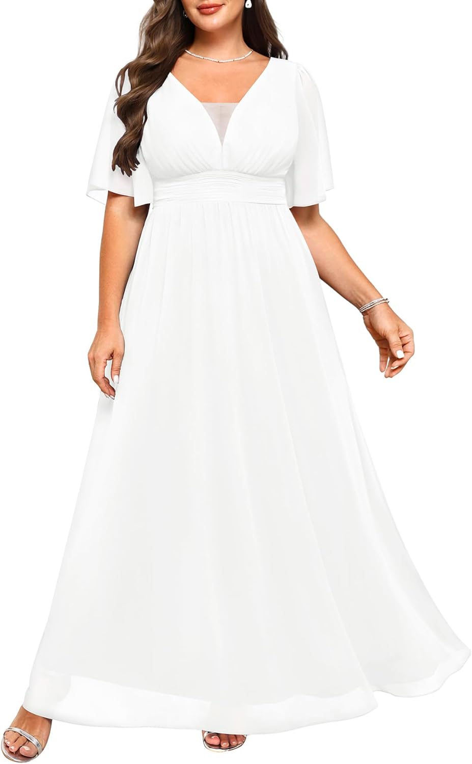 Plus Size Formal Dresses - V Neck Flutter Sleeves Evening Gowns Bridesmaid Wedding Guest Chiffon Long Maxi Dress