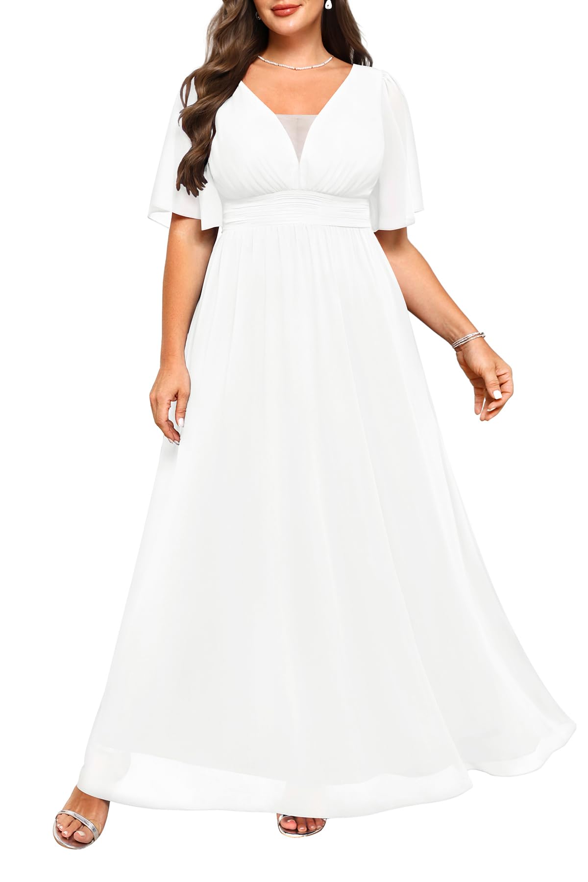 Plus Size Formal Dresses - V Neck Flutter Sleeves Evening Gowns Bridesmaid Wedding Guest Chiffon Long Maxi Dress White 18 Plus