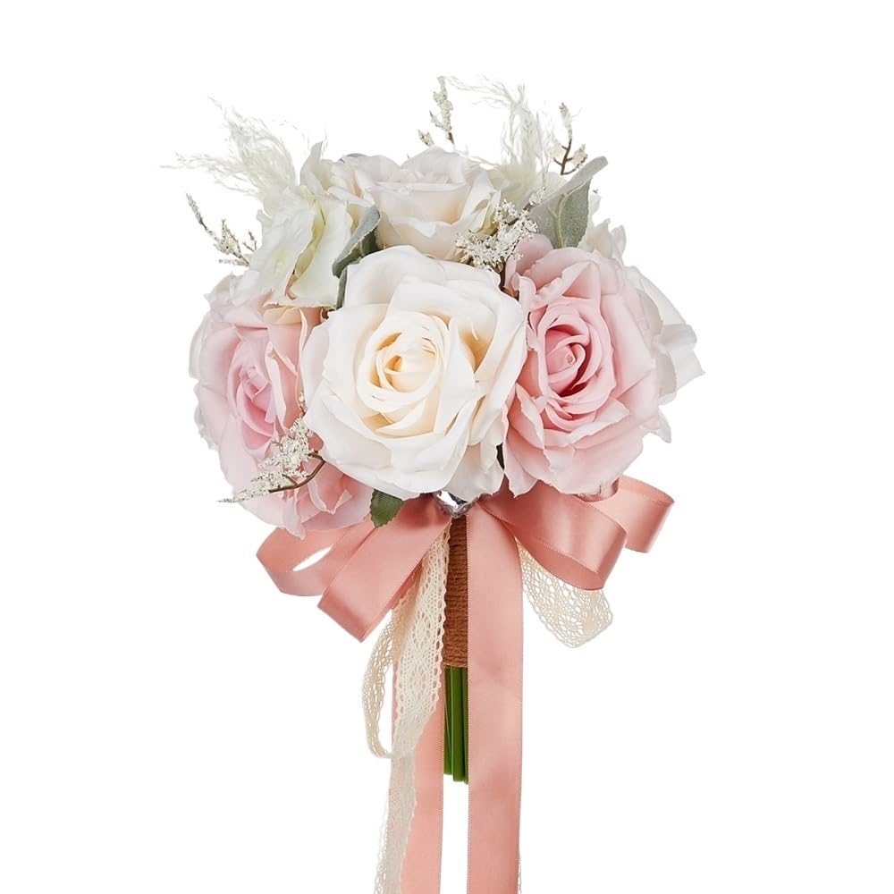 Huffa Champagnepowder Wedding Bride Holding Flowers With Champagne Rose Bow And Tassel Decoration - Simulation Floral Arrangement(Champagnepowder)