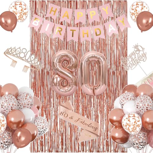80th Birthday Decorations for Women, Happy 80th Birthday Banner Cake Topper Balloons Sash and Crown, Rose Gold 80 Birthday Party Decorations for Girls