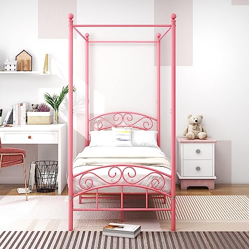 ARFARLY Lit à baldaquin double en métal - Cadre de lit à lattes - Meuble de chambre à coucher - Rose - 90 x 200 cm