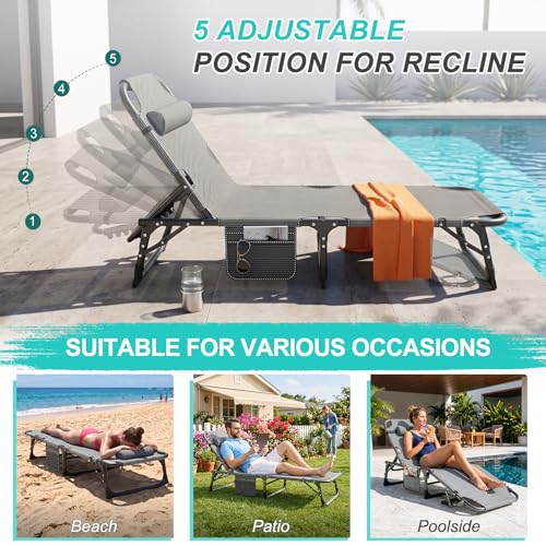 Image of ABORON Patio Lounge Chair, Folding Adjustable Chaise Chair, Max 450LB Load | 5-Gear Adjustable, Zero-Assemble, 75in Length, With Cotton Pad, Side Pocket, for Home, Garden, Beach, Office, Camping