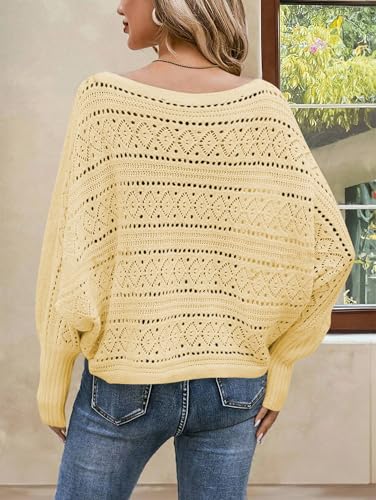 Image of Cakulo Womens Off Shoulder Crochet Sweater Top 2025 Fall Fashion Batwing Long Sleeve Sweaters Outfits Yellow XL
