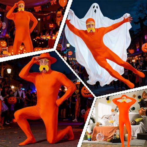 Orangener Ganzkörperanzug, Faschings Kostüm Herren, 2 Teiliges Faschings Kostüm Inklusive 1 Ganzkörperanzug Orange + 1 Gelber Schnurrbart und Augenbrauen, Faschingskostüm für Halloween Karneval Party