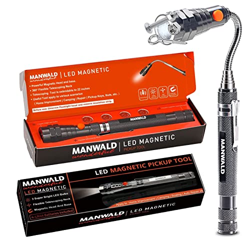 MANWALD Telescoping Magnetic Pickup Tools, LED Magnet Flashlights, Extendable Magnet Stick Cool Gadgets Gifts for Men, Birthday Gifts for Men, Dad, Husband, Craftsman and Mechanic, Gray1
