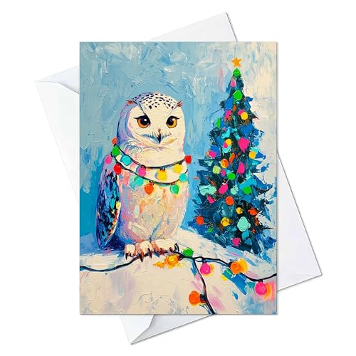 Snowy Owl Tangled in Christmas Lights Greeting Cards - Cards with Envelopes - (Set of 10) Large 5.8