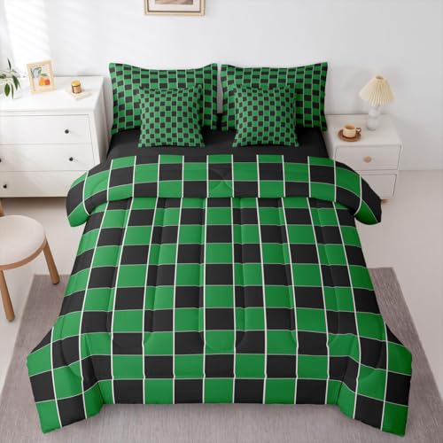 Image of Erosebridal Plaid Full Bed in A Bag 7 Piece Green Black Checkerboard Comforter Set with Sheets Geometric Checkered Bedding Sets for Kids Adults,Aesthetic Grids Bed Set
