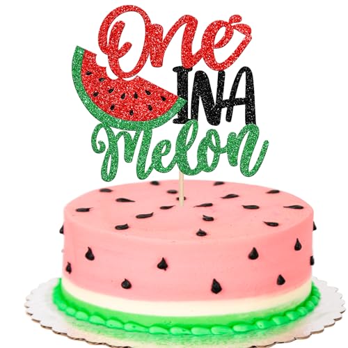 Rsstarxi 1 Pack Watermelon 1st Birthday Cake Topper Glitter One in a Melon Cake Pick for Summer Fruit Watermelon Themed First Birthday Baby Shower Kids 1st Birthday Party Cake Decorations