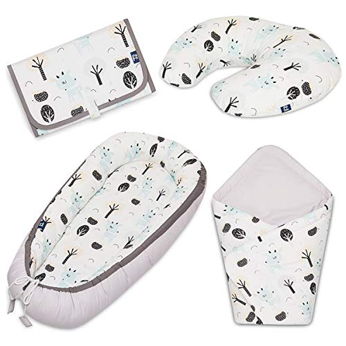 Newborn 4in1 Set - Baby Nest + Swaddle Blanket + Travel Changing Mat - Deers