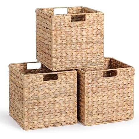 12 x 12 x 12in Water Hyacinth Storage Baskets, Wicker Storage Baskets for Shelves, Foldable Square Bins for IKEA Kallax Set of 3, Large Cubby Rattan Basket, Wicker Basket for Organizing Cover