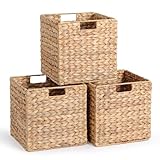 DINGTAI 12 x 12 x 12in Water Hyacinth Storage Baskets, Wicker Storage Baskets for Shelves, Foldable Square Bins for IKEA Kallax Set of 3, Large...