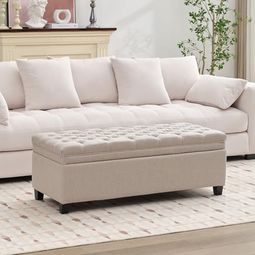 Image of 51 inch Storage Ottoman for Bedroom & Living Room, End of Bed Bench with Black Wooden Legs, Linen Upholstered Tufted Ottoman, Entryway Storage Bench, Beige