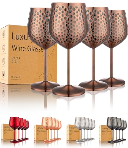 UNISWEET Stainless Steel Wine Glasses-18 oz Unbreakable Hammer point Wine Goblets, Elegant Unique Metal Wine Glass for Outdoor, Travel, Camping, Pool,Gift for Wine Lovers (Set of 4) (Red Copper)