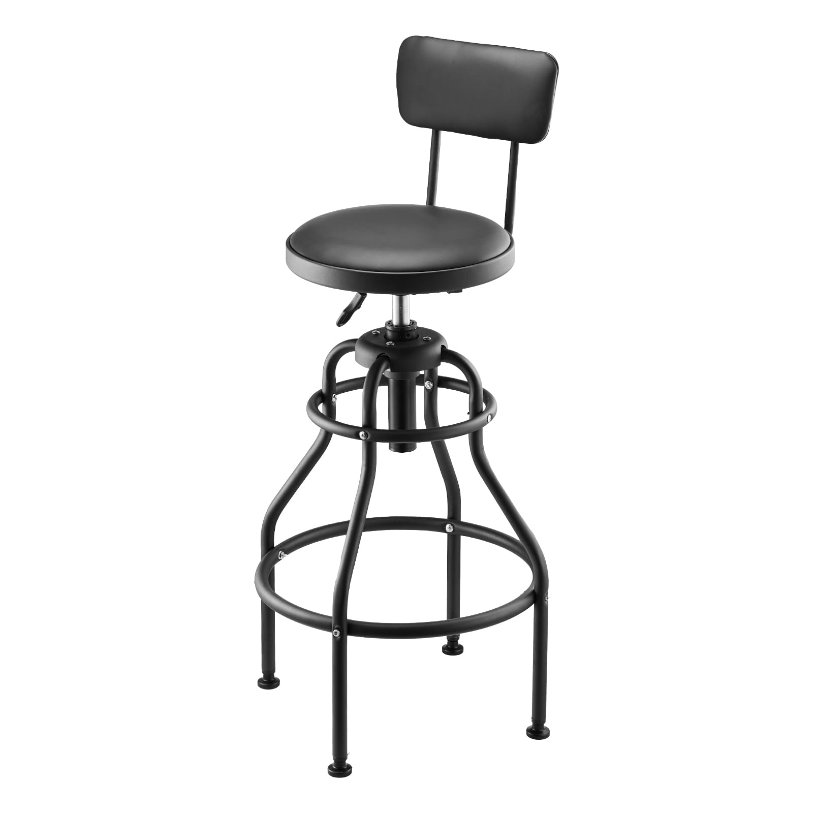 VEVOR Taburete de Taller con Respaldo Asiento de Garaje Carga de 136 kg Taburete de Trabajo Altura Ajustable 103-114 cm Giratorio de 360° para Garaje, Taller, Reparación de Automóviles, Negro