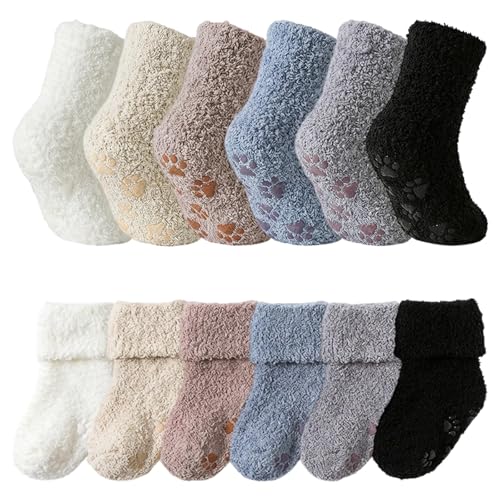 viiotu 6 Pairs Toddler Fluffy Socks with Grips Kids Thermal Winter Warm Non Slip Bed Socks for Boys Girls 1-5 Years (AU, Age, 1 Year, 3 Years, Color A)