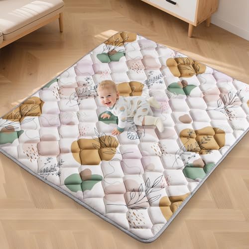 Image of 65x50IN Baby Play Mat - Tummy Time Mat for Babies 6-12 Months - Non-Slip Safe Crawling Mat for Indoor & Outdoor - Soft Foam Foldable Cushion Babycare Playmat for Kids Playpen & Machine Washable, Boho