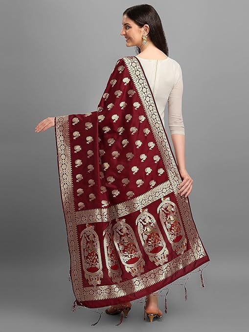 Women's Woven Banarasi Silk Zari Dupatta/Chunni, 1 Meter Width, 2.5 Meter Length, Pink3