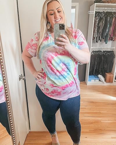 Image of RITERA Women Plus Size Tops Tie Dye V Neck Shirt Floral Camo Summer Short Sleeve Tunic Oversized Ladies Blouse XL-5XL