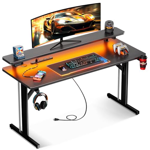 ゲーミングデスク LEDライト付き ゲーミングテーブル PCデスク 炭素繊維天板 モニター台付き パソコンデスク フック付き コンセント付き ゲーミング机 ゲームデスク 幅120cm*奥行50cm*高さ75cm ブラック