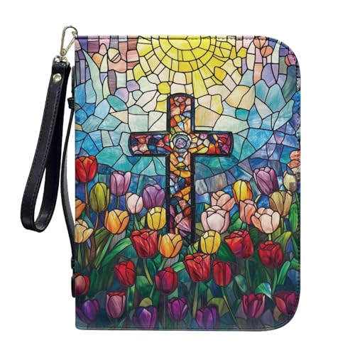 Stained Glass Cross Tulip Prints PU Bible Cover Case for Women Men Multifunctional Bible Carrying Tote Bags with Detachable Wristlet Strap Minimalist Design Bible Study Tools for Study, 2XL