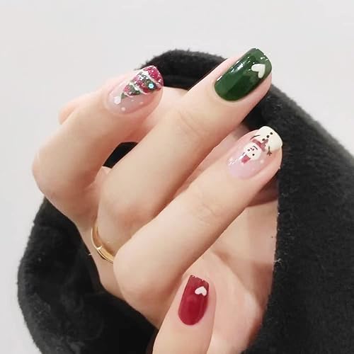 Miniatura 9 de Uñas postizas de Navidad a presión medianas y cortas con forma de copo de nieve cuadradas rojas con líneas diseño de pan de jengibre uñas acrílicas