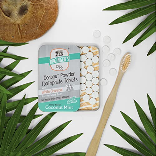 Dr. Ginger's White Charcoal Toothpaste Tablets, Eco-Friendly Travel Chewable Tabs For Whitening, Fresh Breath, & Gum Support, Enamel-Safe, Coconut Mint Flavor, Fluoride-Free 0.75Oz Tin, 60 Tablets #TOP5