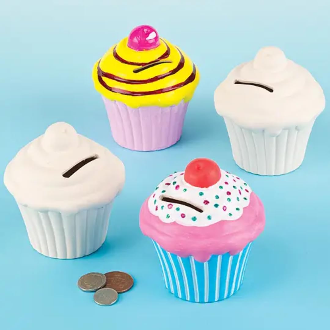 Baker Ross EV5404 Customisable Ceramic Cupcake Coin Banks — Creative Art and Craft Supplies for Kids to Make, Personalise and Decorate (Pack of 2), 10cm
