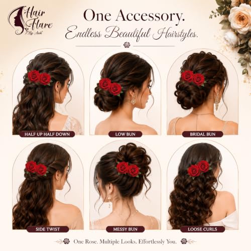 Image of Hair Flare Artificial Plastic & Metal Rose Flower with An Abundance of Petals Design Hairpin /Hair Clip /Judabun | Bridal Hair Accessories, Wedding, Festival for Women & Girls - 2700, Set of 2