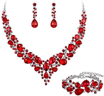 BriLove Wedding Bridal Jewelery for Women Austrian Crystal Teardrop Cluster Statement Necklace Dangle Earrings Link Bracelet Set Ruby Color Silver-Tone