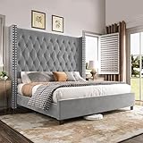 PaPaJet Queen Size Bed Frame with 61.4' Tall Headboard, Velvet Upholstered Platform and Handmade Deep Button Tufting, No Box Spring Required, Grey