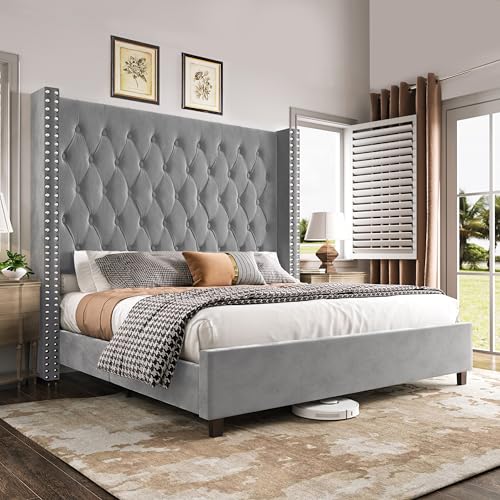PaPaJet Queen Size Bed Frame with 61.4" Tall Headboard, Velvet
