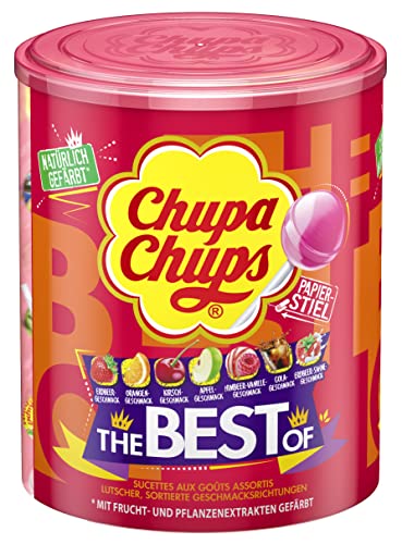 Chupa Chups Best of Lutscher-Dose, enthält 50 Lollis in 7 Geschmacksrichtungen wie Cola, Apfel, Erdbeere etc., praktische Aufbewahrungs-Dose, 50 x 12g Cover