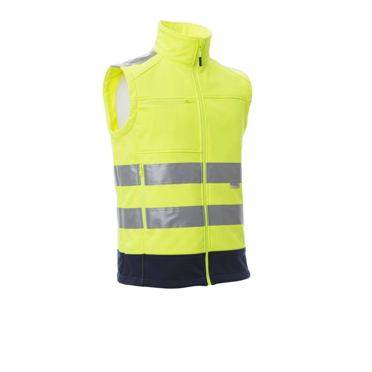 PAYPER Traffic Gilet Softshell Alta visibilità Uomo da Lavoro 100% Poliestere Chiusura Zip Bande Riflettenti Tasca al Petto Porta Badge Giallo Fluo/Blu Navy (3XL)