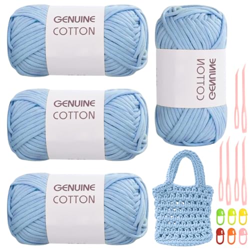 RANJIMA Hilo azul claro, 4 unidades de hilo simple de ganchillo para principiantes, hilo de malla bien visible para ganchillo con accesorios de ganchillo, hilo de nailon de algodón para ropa, mantas