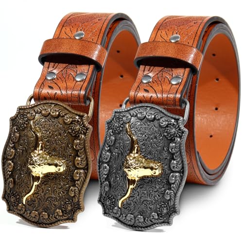2Pcs Western Cowboy Belts for Women,Vintage Waist Strap belt Buckle Bull Deco Western Belt Fit 28