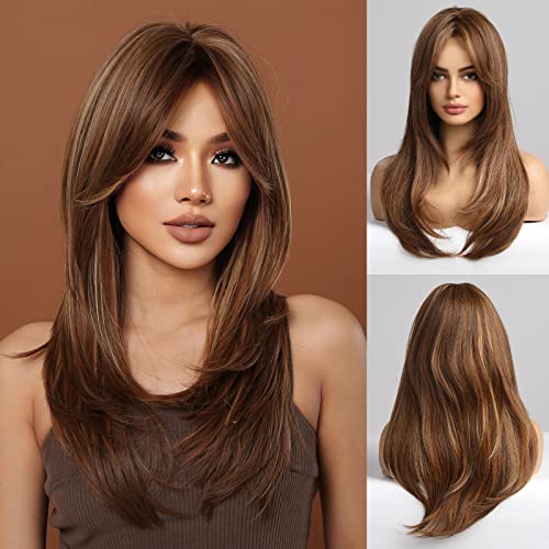 HAIRCUBE Brown Wigs for Women,Long Layered Brown with Blonde Highlight