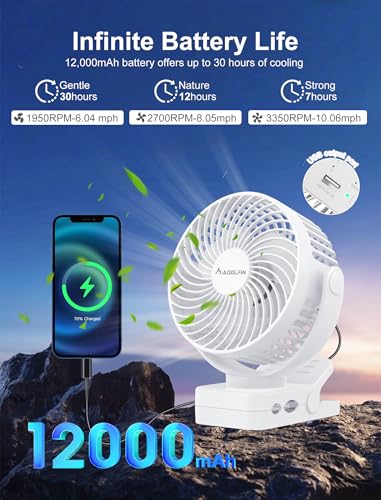 Magnetic Clip on Fan for Golf Cart, 12000mAH Battery Operated Portable Fan with 3 Speeds, LED Lantern, Magnetic Base, Suitable for EZGO Club Car Yamaha, Golf Cart & Cruise Ship Accessories — view 3