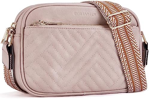 BOSTANTEN Quilted Crossbody Bags for Women Vegan Leather Purses Small Shoulder Handbags with Wide Strap, Pink, Small, Crossbody Bags for Women