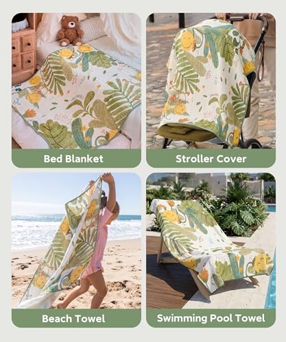 Image of Hooded Bath Towels for Kids, Kids Toddler Beach TowelsGirls Boys, 45 inch x 45 inch Large Size 100% Cotton Muslin Towels, Absorbent Six-Layer Quick Dry Wrap, Perfect for Pool Swim (Jungle Pattern)