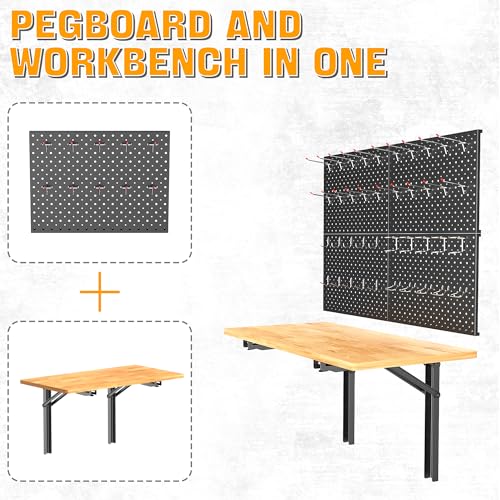 Image of Ultrawall Heavy Duty Folding Workbench with Pegboard - Wall-Mounted Work Table for Garage & Workshop with Accessories