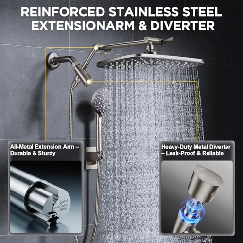 Image of Veken 11.8 inch Brushed Nickel Rain Shower Head with Handheld, High Pressure Handheld Shower Heads with Multi Spray Modes,Rainfall Combo with 15 inch Metal Extension Arm,Detachable Dual Shower,Regaderas Para