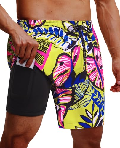 Image of Gleeease 7inch Mens Swim Trunks 2 in 1 with Compression Liner Pockets Drawstring Quick Dry Stretch Lined Funny Beach Pool