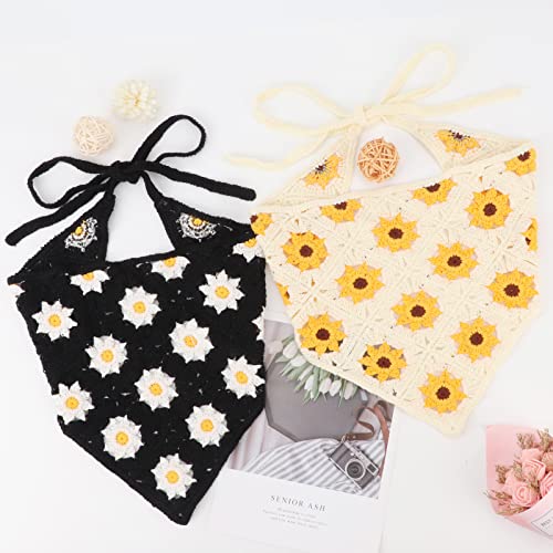 Image of DRESHOW Floral Crochet Hair Bandana 2 PCS Tie Knotted Daisy Headscarf Vintage Headband Knitted Head Kerchief for Women&Girls