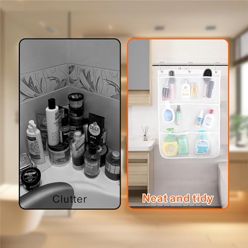 Shower Organizer, Mesh Shower Caddy, 7 Pockets With 3 Hooks, Hanging, Portable, Quick Drying, Can Store Soap, Loofah, Shampoo and Cruise Essentials, 17 Inch by 26 Inch, White, 2 Pack - Image 5