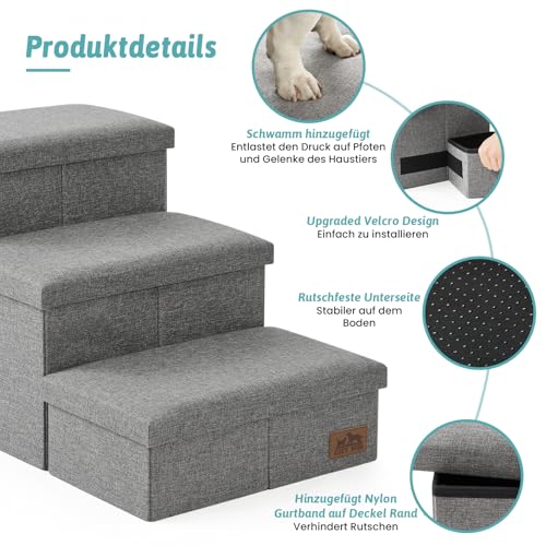 COZY KISS Hundetreppe für Kleine Hunde mit Stauraum, Breite Haustiertreppe Faltbare für Bett und Couch, Hunderampe mit Rutschfestem Boden, Lecksichere (Grau, 43x97x56cm, 4)