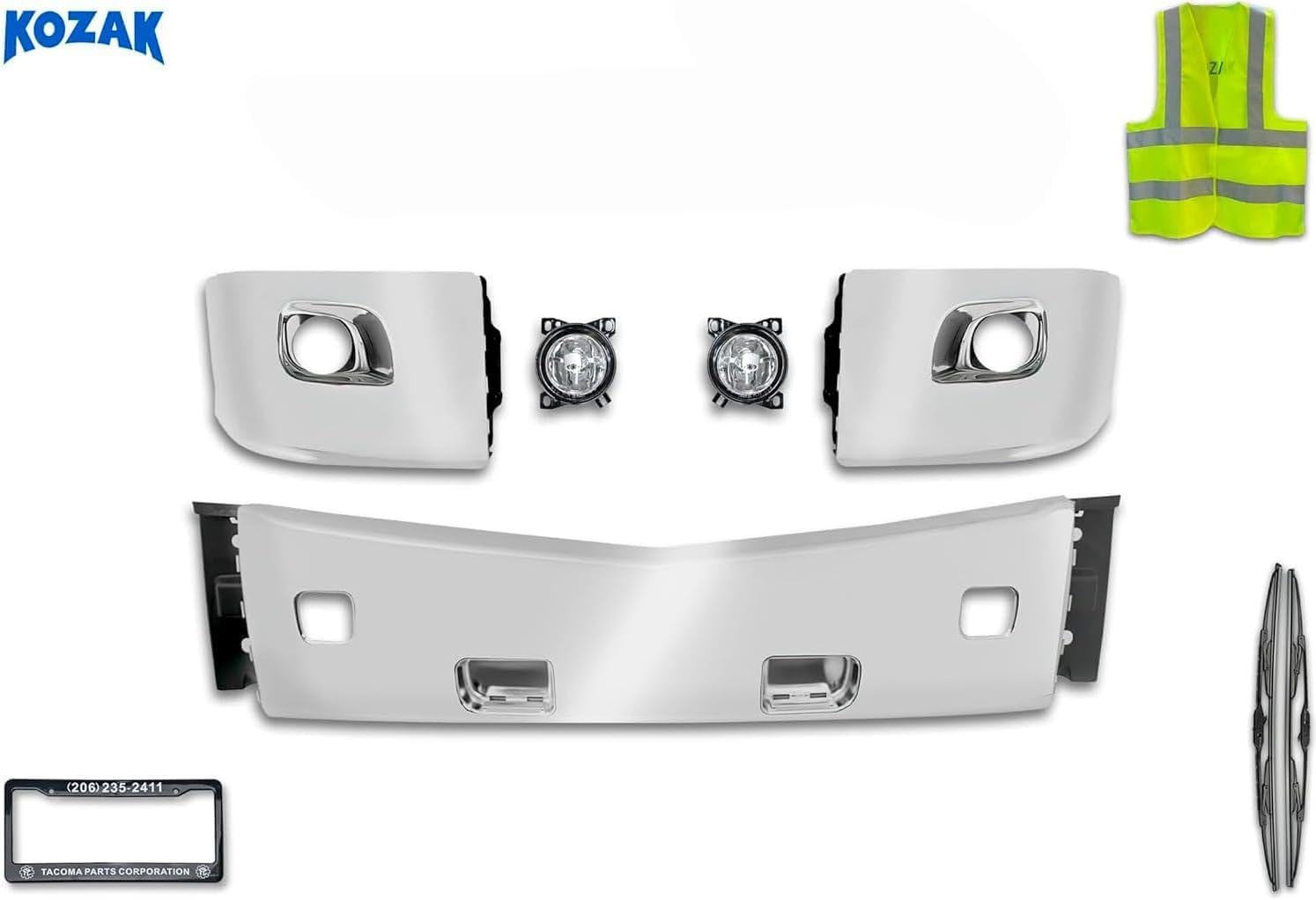 KOZAK PLASTIC Chrome Bumper Center & Corners w/Fog Light Hole (Passenger Right & Driver Left Side) + Fog Light Pair compatible with Peterbilt 579 2013-2021 + Logo, License Frame, Wipers and Vest