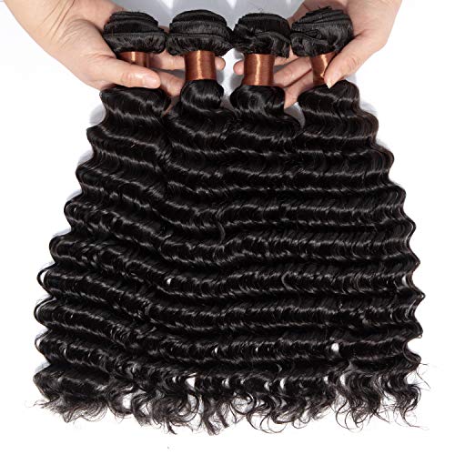 BLACKMOON HAIR Brazilian Deep Wave Hair 4 Bundles 20 20 20 20 inch Unprocessed Virgin Brazilian Deep Wave Human Hair Weave Bundles Natural Black Color