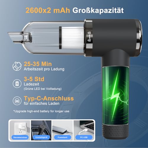 letiziai Handstaubsauger Akku Kabellos, 12000Pa Mini Staubsauger 3-in-1 mit 5200mAh Batterie, Auto Staubsauger Stark für Haus, Auto, Tierhaare und Vakuumbeutel für Kleidung