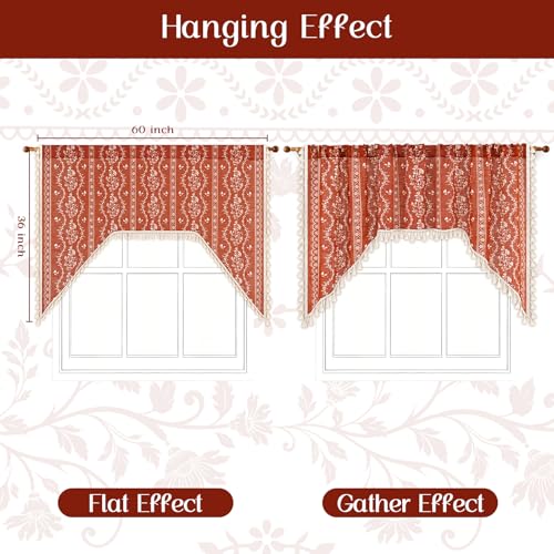 Image of Yinhua Boho Swag Valance Curtains Vintage Linen Valances for Windows Light Filtering Floral Kitchen Valance Rod Pocket Farmhouse Tassel Window Valances for Bathroom Cafe, 60 inch W x 36 inch L, Terracotta